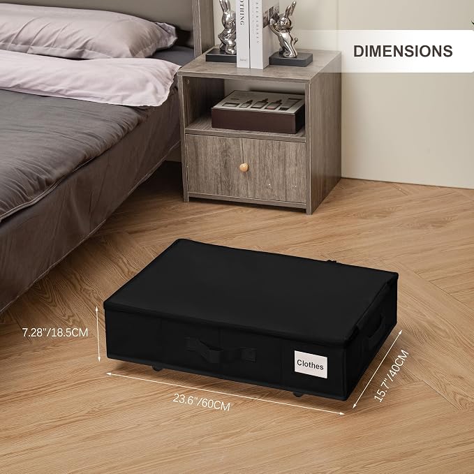 Vincona Under Bed Storage with Wheels, 2 Pack Under Bed Storage Containers with Label Holders for Clothes, Shoes and Blankets, Rolling Underbed Shoe Organizer with Cover, Black (23.6 x 15.7 x 7.28 in)