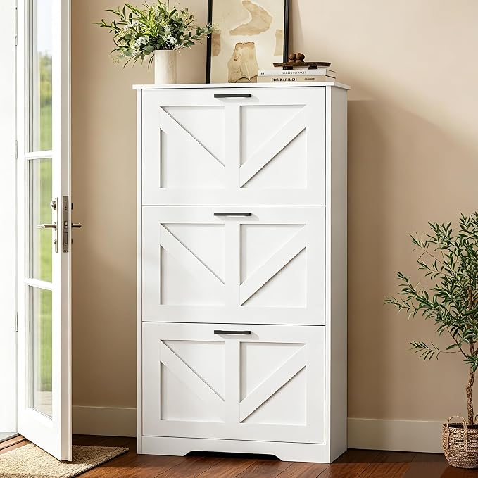 Homleke Farmhouse Shoe Cabinet for Entryway, 3 Barn-Style Flip Drawers | Narrow Shoe Storage Organizer, Top Display Shelf, Adjustable Shelves, Shoe Rack, for Hallway Closet, 24" Wide, White