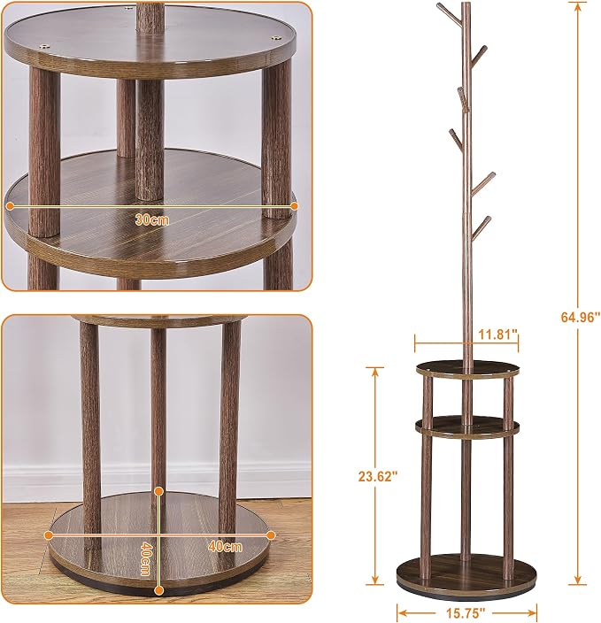 VECELO Coat Rack Freestanding, Entryway Hanger Stand, Umbrella Holder, Hall Tree With Hooks, Floor Standing Tree Stand,Walnut