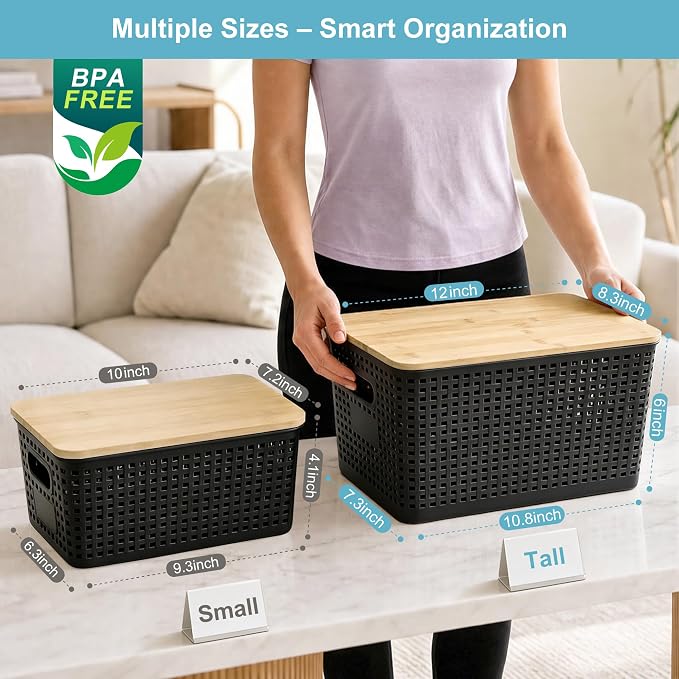 Bagnizer Small Plastic Storage Bins with Bamboo Lids 5.2qt Stackable Box Basket Pantry Decorative Containers Cute with Lable for Organizing Desktop Closet Office Black of 6 packs 10 * 7.2 * 4.1"