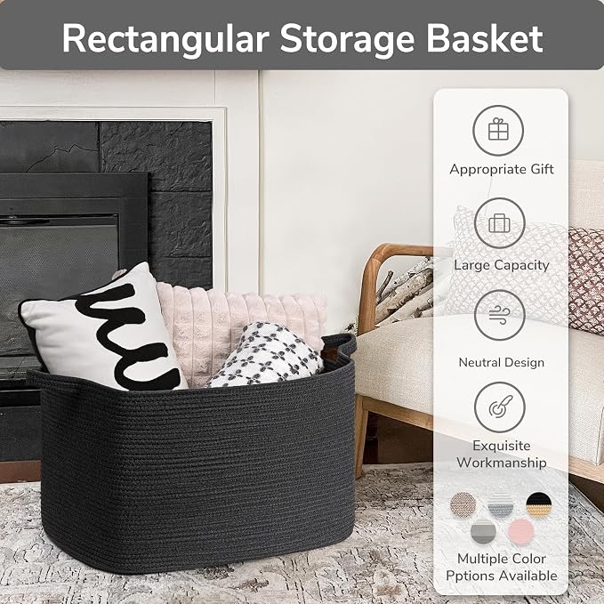 Goodpick Extra Large Cotton Rope Storage Basket with Handles, Black | 85L, 23.6 x 15.7 x 13.8 in, Rectangle, Living Room, Bedroom & Nursery Organization, Blankets, Pillows & Toys Storage