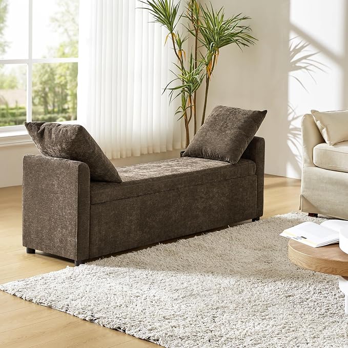 HULALA HOME 59" Storage Bench with 2 Throw Pillows & Armrests, Taupe | Modern Long Bedroom Bench for End of Bed, Comfy Upholstered Fabric Footstool for Entryway Living Room