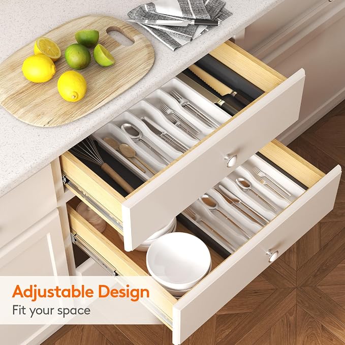 Lifewit Extra Large Silverware Drawer Organizer, Expandable Utensil Tray for Kitchen, BPA Free Flatware Cutlery Holder, Adjustable Plastic Storage for Spoons Forks Knives, 13-22 x 15, White&Black