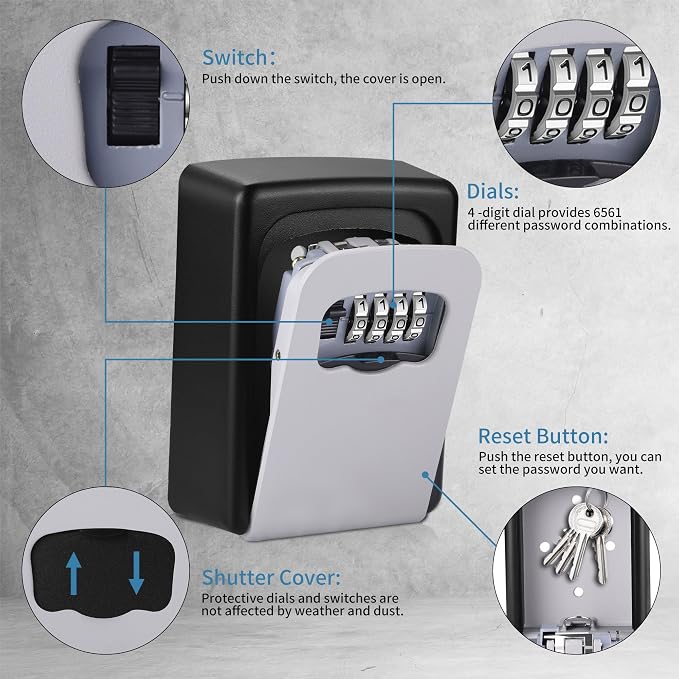 Key Lock Box Wall Mounted,4 Digit Combination Weatherproof Lockbox for Outside House,5 Keys Large Capacity Lockbox,Key Safe Security Storage Lock Box with Resettable Code for Indoor Outdoor Garage