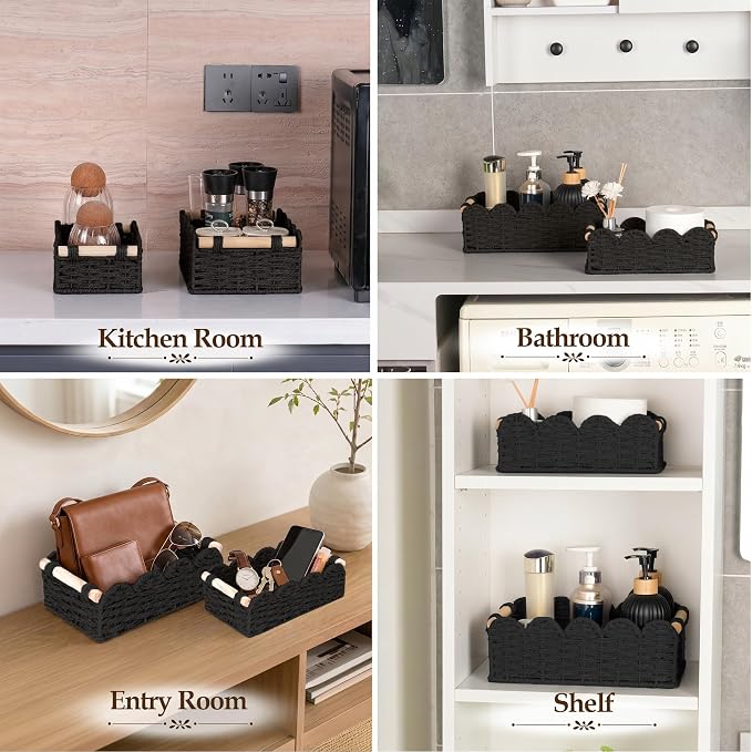iEGrow Paper Rope Small Storage Baskets for Organizing, Set of 2 Scalloped Edge Wicker Basket with Wooden Handles Toilet Paper Basket for Over Toilet Storage Shelf, Home Decor, Living Room (Black)
