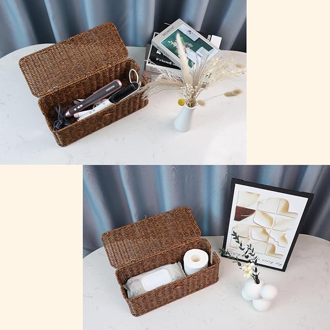 BROWNLILY Cable Management Box, Rattan Style Cord Organizer for Desk Cord Hider Outlet Covers for Power Strip TV PC Router Charger Under Desk Storage with Lockable Lid and Cable Ties