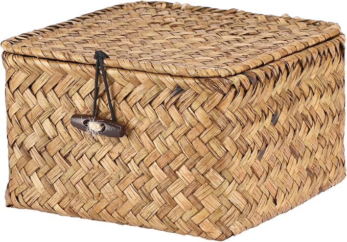Hipiwe Wicker Shelf Basket Bin with Lid X-small Square Seagrass Storage Box | Handwoven Baskets Bin Boxes Multipurpose Household Organizer for Shelves Home Decor, Caramel Color