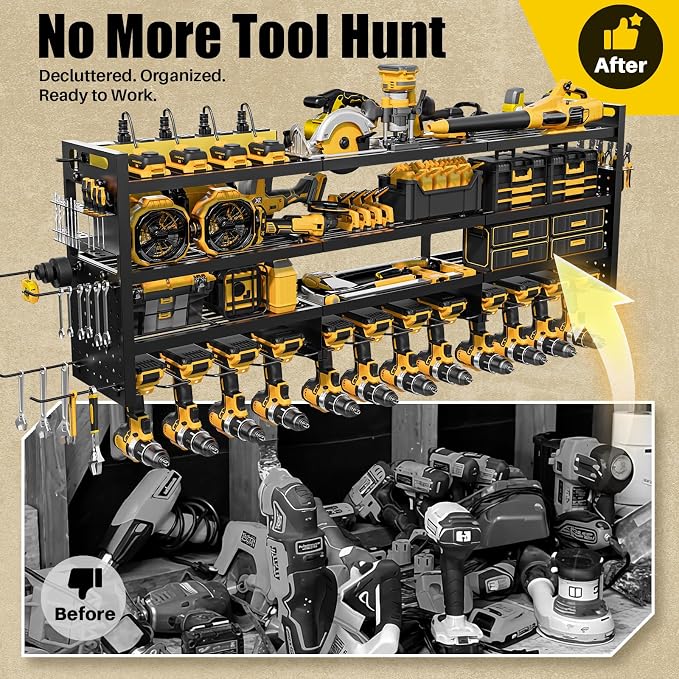Power Tool Organizer Wall Mount | 8-Outlet TR Charging Station | Garage Storage Rack with Cordless Drill Holder | Heavy Duty Metal Shelf for Workshop Organization