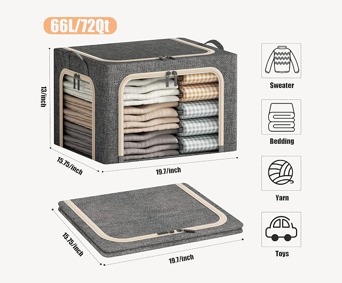 3 Opeings Large Clothes Storage Bins with Metal Frame, Foldable Storage Bin for Clothes, Clothing Storage Bins with Lid, Linen Storage Box With Clear Window& Zippers& Handles.(3 Pcs,Dark Grey,66L)