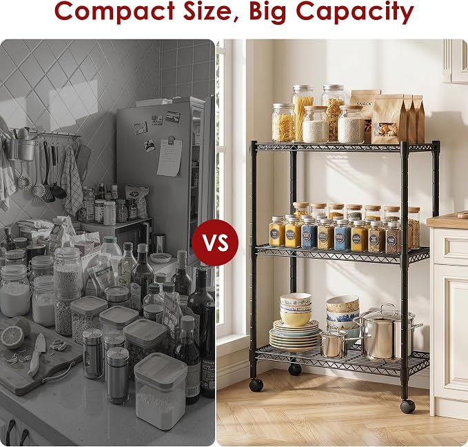 Simple Deluxe 3-Tier Heavy Duty Adjustable Storage Shelf with Wheels, 23.23”W x 13.39”D x 30.31”H, Mobile or Stationary Metal Shelving Unit, Easy Assembly for Kitchen, Pantry, Laundry Room, Black