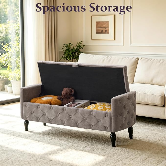 Royal Windsor 48" Ottoman with Storage,Tufted Storage Bench with Safety Hinge,Holds up to 350 lb,Black Wood Legs,Upholstered Bench with Arms for Bedroom,Living Room,Entryway,Linen Light Gray