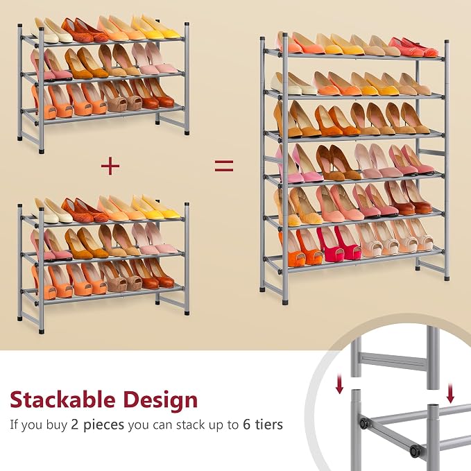 Expandable Shoe Rack for Closet 3 Tier, 28“-41“Stackable, Grey | Adjustable Shoe Organizer Closet Shoe Rack Floor, Metal Shoe Shelf Storage for Entryway, Closet, Garage, Front Door Entrance