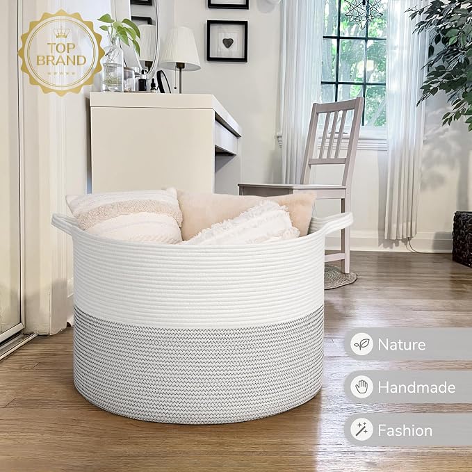 INDRESSME 115L Extra Large Woven Rope Blanket Basket Living Room, White | Storage baskets for organizing toys, laundry & pillows. Fits living room, bedroom or nursery décor. Soft-touch with handles