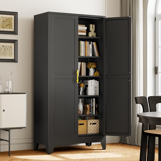 winiowa Tall Metal Kitchen Pantry Storage Cabinet with 2 Doors and 5 Adjustable Shelves - 75.2" Kitchen Cabinet with Gold Handles for Kitchen, Bathroom, Dining Room, Living Room - Black