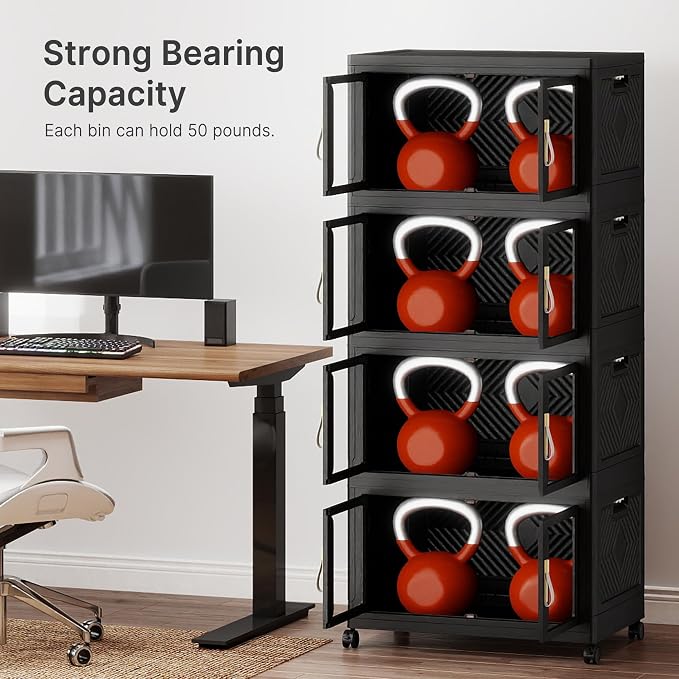 Stackable Storage Bins with Lids, 480QT Extra Large Storage Cabinet | Clear Doors, Foldable Storage Drawers, Heavy Duty, Collapsible Closet Organizers for Bedroom Office (4, Black, 120, Quarts)