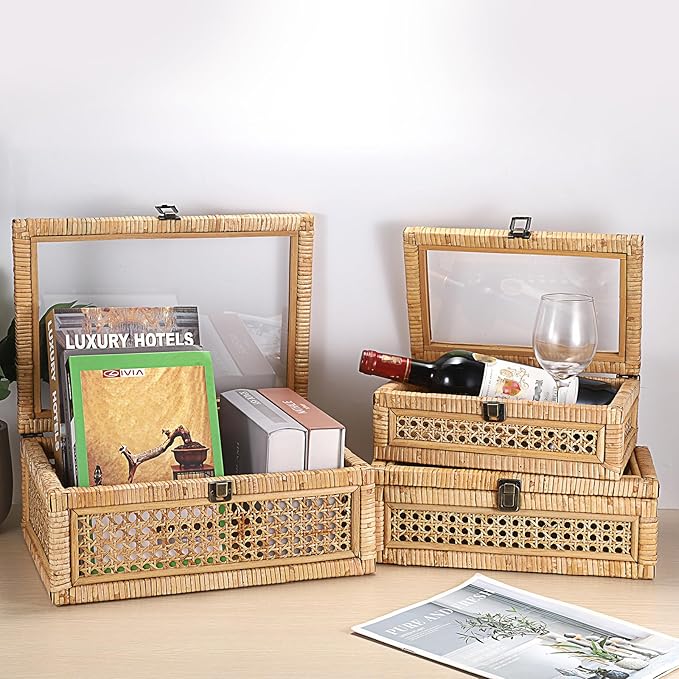 Hipiwe Rattan Display Box with Clear Lid Rectangular Wicker Storage Basket | Handwoven Natural Rattan Decorative Box with Metal Secure Latch, Small Shelf Organizer Basket Bin for Snacks Remotes