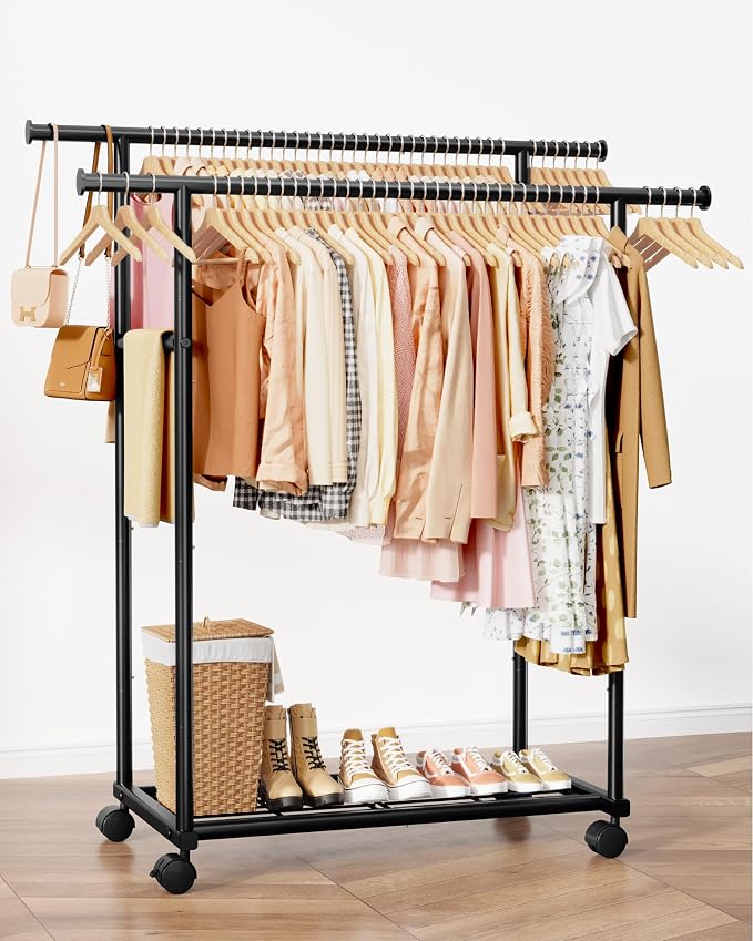 Sakugi Double Rods Clothes Rack - Metal Clothing Rack with Fixed Double Rods, Rolling Wheels & Built-In Shelf for Closet, Bedroom, Laundry Storage (45.6" x 17" x 61", Black)