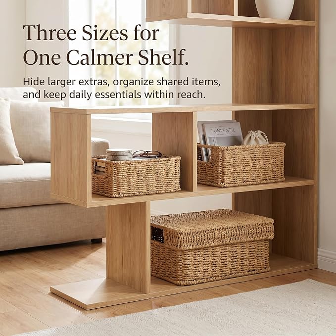 Wicker Storage Basket with Lid for Shelves, 3-Basket Set, Natural | One rectangular wicker basket with lid and two open baskets for decorative shelf storage; removable lid flips into a tray.
