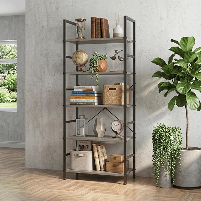 HealSmart 5 Tier Bookshelf, Free Standing Book Shelf Home Office Bookcase Shelf Storage Organizer for Bedroom, Bathroom, Living Room, Office, Balcony, Gray Wood