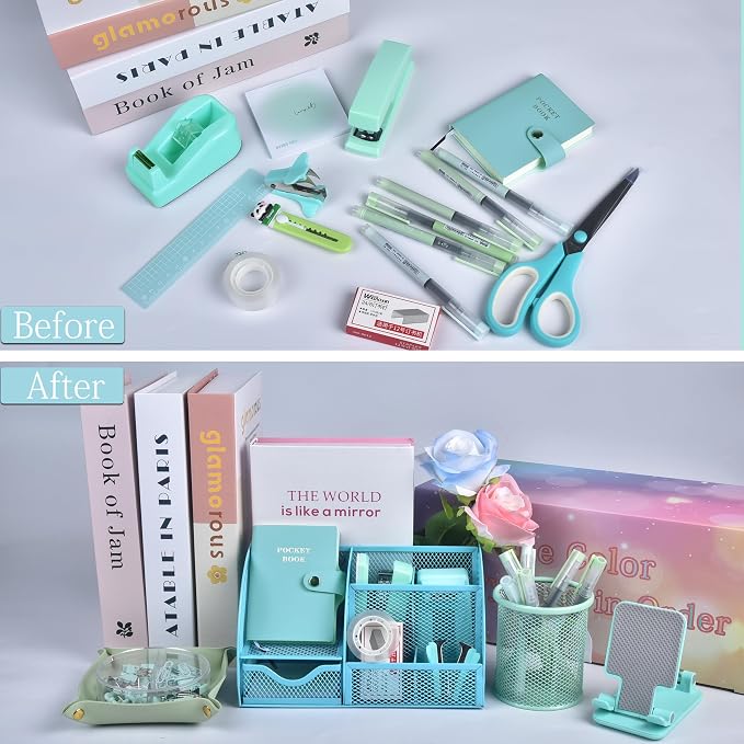 Green and Blue Desk Accessories, 26Pcs Office Supplies and Desk Organizers, with Tape Dispenser, Stapler, Staple Remover, Ect, Gift Box Packaging