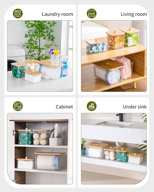 iCASA Trash Bag Dispenser Dishwasher Pods Container Under Sink Organizer | 5 in 1 Stackable Trash Bag Holder Garbage Bag Dispenser for 13/30/33 Gallon Bags, Clear Storage Bins Laundry Pods Container