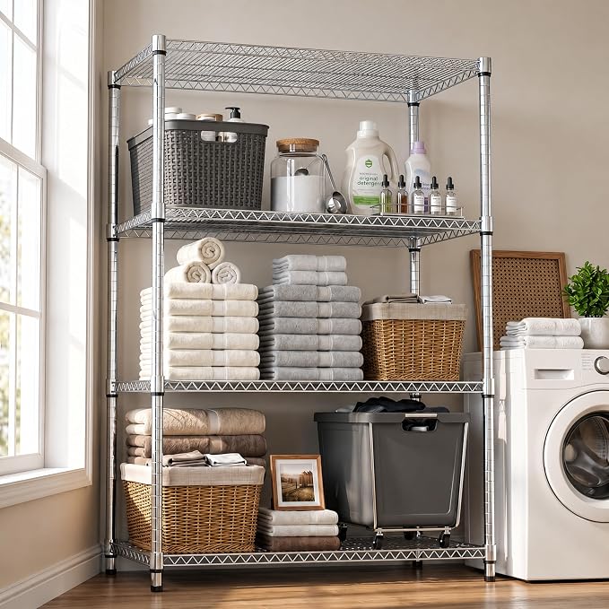 M MZG 4-Shelf Heavy Duty Garage Shelving Wire Adjustable Storage Rack for Kitchen Laundry Bathroom Pantry 2640 lbs Capacity Silver 17.7 x 47.3 x 70.4 Inch