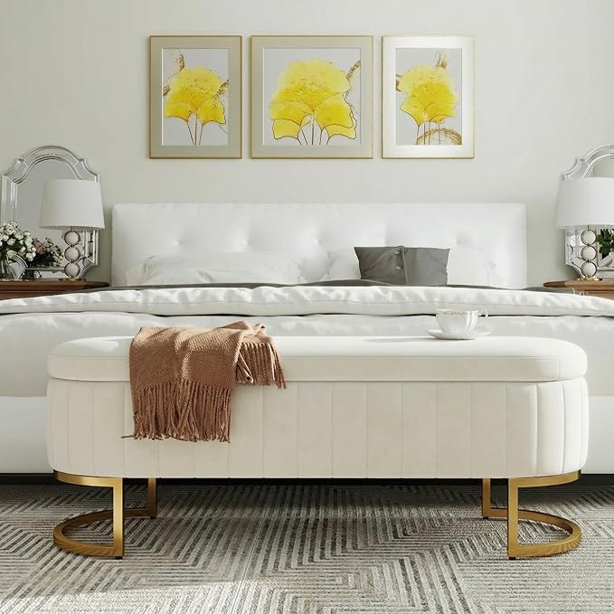 51" Velvet Storage Ottoman Bench End of Bed for Bedroom Entryway Beige