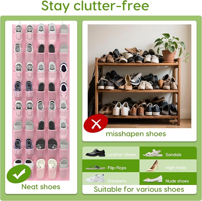 Over the Door Shoe Organizer with 40 Large Breathable Mesh Pockets, Space Saving Shoe Holder, Hanging Shoe Rack for Entryway Bedroom Closet Storage (Pink, 40 Pockets)