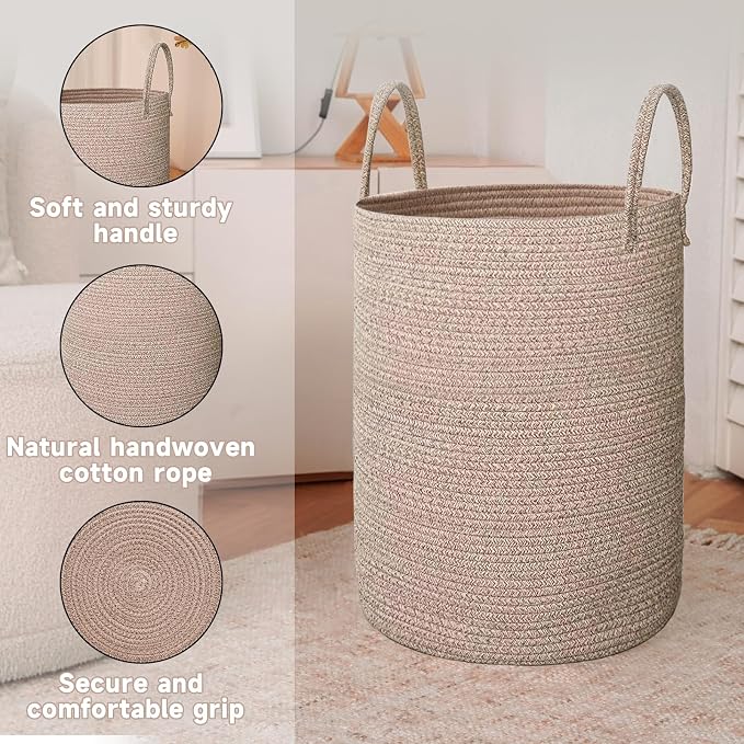 JMvicyroam 80L Cotton Rope Laundry Basket Hamper, Oatmeal | Collapsible laundry basket, reinforced handles, freestanding, machine washable, holds 3-5 thick blankets, clothes or toys