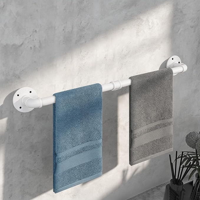 Industrial Pipe Towel Rack Towel Bar, Heavy Duty Wall Mounted Rustic Farmhouse Bath Towel Holder for Bathroom (White, 24 inch)