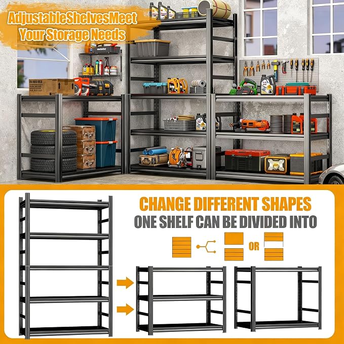 Garage Shelving, 3300 LBS Storage Shelves with Side Guard | 5-Tier Garage Storage Shelves,Adjustable Industrial Shelves with Thickened Double-Layer Posts for Garage 31×36×14in