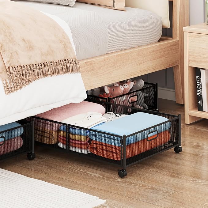 Gawerk Under Bed Storage with Wheels, Foldable Metal Mesh Underbed Storage Container Bins, Tool-free Assembly Clothes Drawer Organizer,2Pack