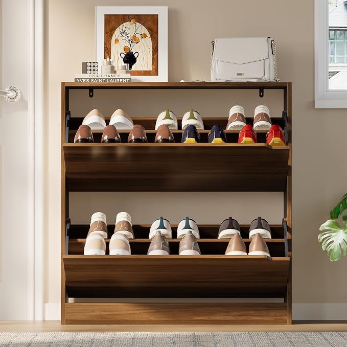 BORNOON Shoe Cabinet with 2 Flip Drawers, Slim Narrow Shoe Storage Cabinet, Freestanding Shoe Organizer with Adjustable & Removable Shelves, Top Display Shelf for Entryway, Hallway, Foyer, Closet