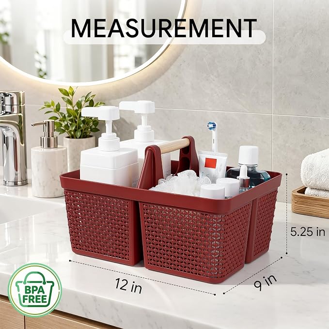 UUJOLY Portable Plastic Shower Caddy Basket with Wooden Handle, Red | Divided Storage Organizer Tote for Bathroom, Dorm, College, Kitchen & RV – Lightweight, Easy-Carry Essentials Caddy