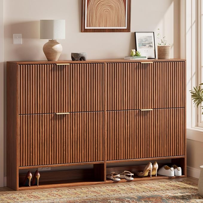 Evermagin 47.2''W Walnut Shoe Cabinet Storage for Entryway, Fluted Slim Shoe Dresser with 4 Flip Drawers, Narrow Shoe Rack Cabinet, Hidden Shoe Organizer Cabinet for Entrance, Hallway