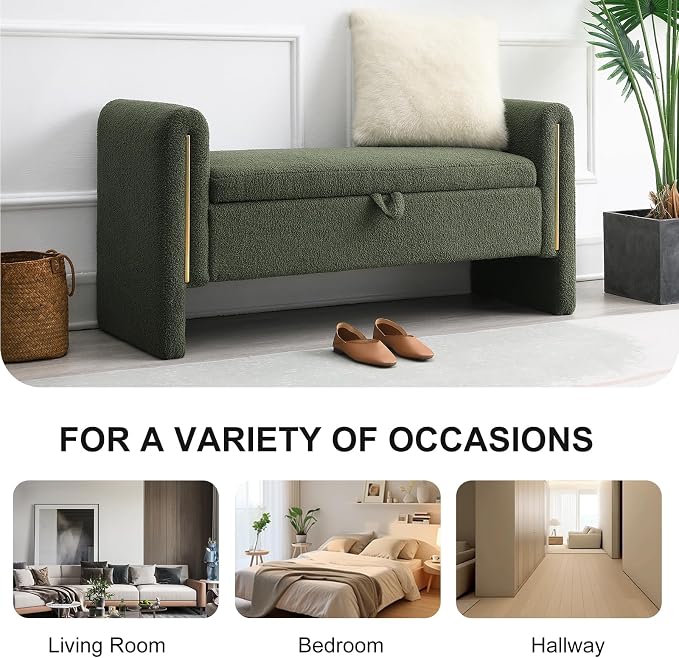 NIOIIKIT 52" Storage Ottoman Bench, Teddy Upholstered Storage Bench with Armrest, Entryway Bench with Pull-Ring, End of Bed Bench, Window Bench for Living Room (Olive Green)