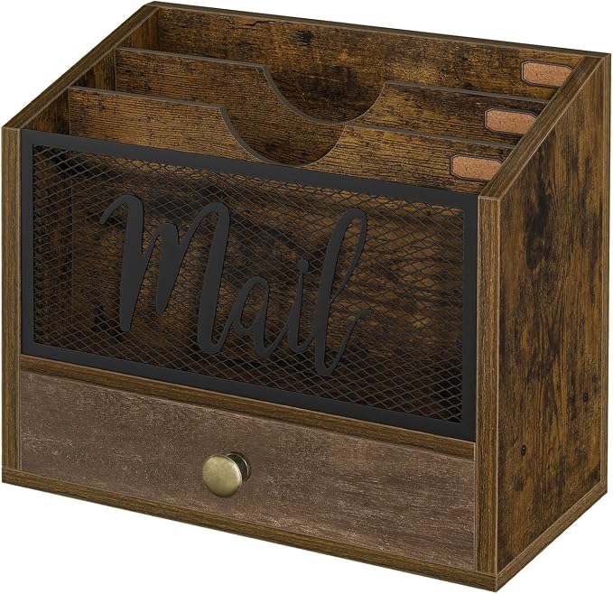 YINMIT Mail Organizer Countertop with 3 Compartments and Drawer, Mail Holder Sorter for Desk, Mail Organizer Wall Mounted, Countertop Desk Office Accessories Organizer for File Paper Folder