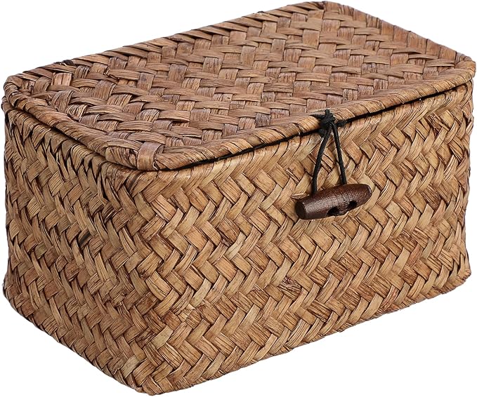 Small Wicker Basket with Lid, Seagrass Organizer, 6.1" x 4" x 3.3" | Handwoven Wicker Storage Basket, Multipurpose Household Organizer for Dental Floss, Paper Clip, Home Decor