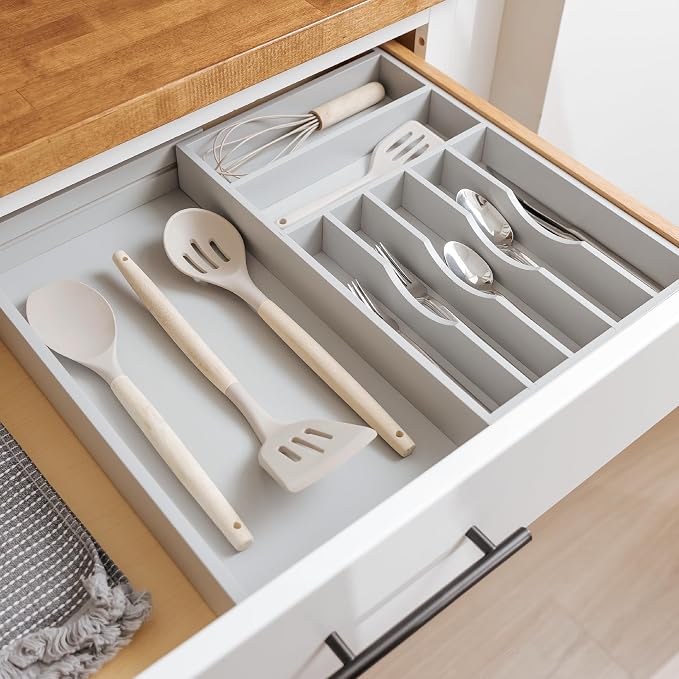 KitchenEdge Silverware & Utensil Drawer Organizer, 10.5-19 in, Gray Bamboo | Cutlery, flatware, food-safe contract grade, kitchen drawer fit