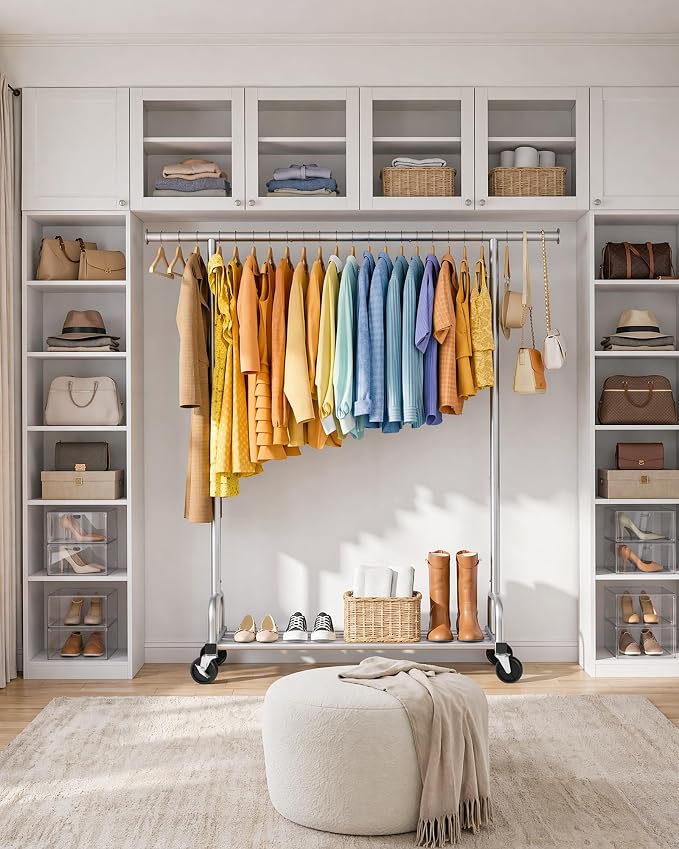 Sakugi Clothes Rack - Large-Capacity Clothing Racks for Hanging Clothes with Lockable Wheels, Space-Saving Metal Coat Rack for Bedroom, Laundry Room, Entryway, 45.6" x 16.9" x 59", Silver