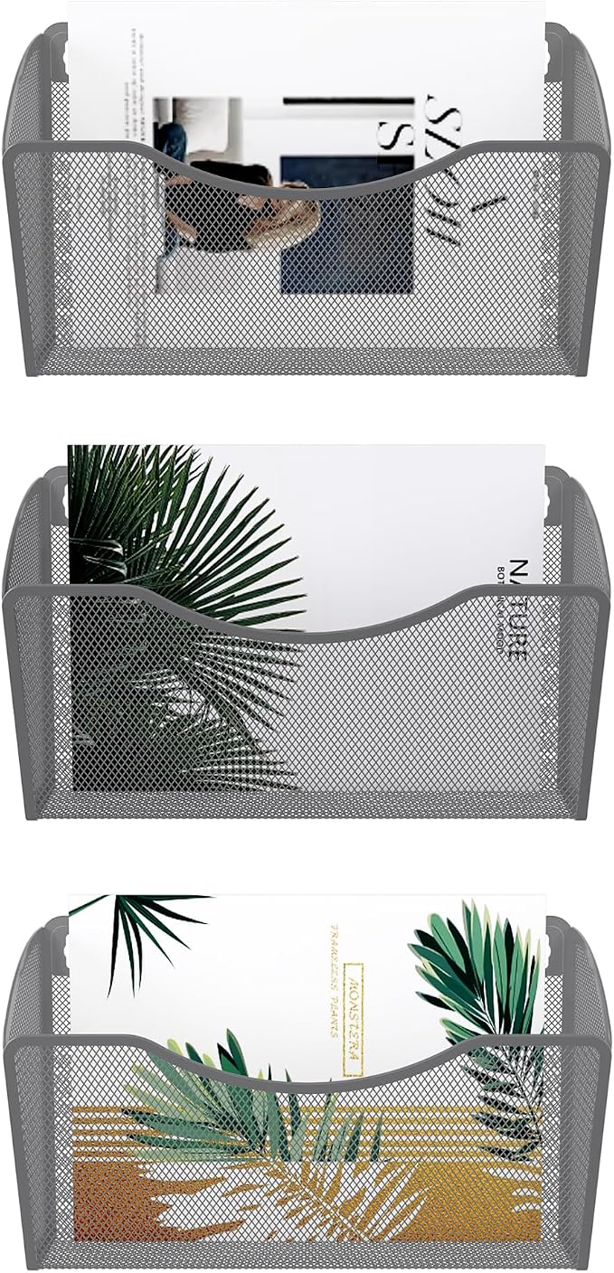 EasyPAG Wall File Organizer 3 Pack, Hanging File Organizer Wall Mount, Metal Mesh Folder Holder for Letter/A4 Papers, Mail Sorter for Office, Classroom, Home, Silver