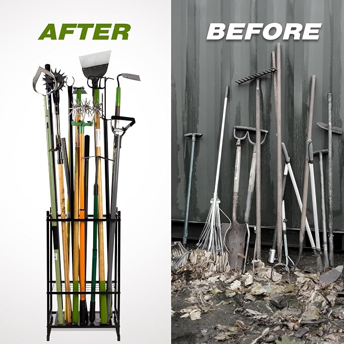 Tool Organizer for Garden, Garage Tool Organizer & Garage Organization – Heavy Duty Steel Garden Tool Organizer Stand Holds 35 Tools/Rakes/Brooms, Tool Storage Rack for Shed/Outdoor, Garage Organizer