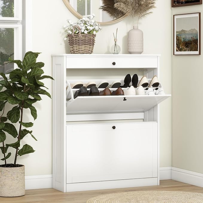 FTZxHKLX Shoe Cabinet, Hidden Shoe Storage Cabinet with 2 Flip Drawers | Wooden Shoe Rack with Adjustable Shelf, Modern Freestanding Shoe Rack Organizer for Entryway, Hallway, Living Room, White