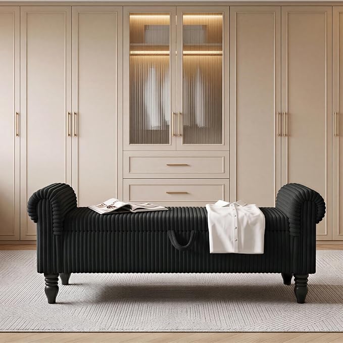 55" Corduroy Storage Bench, End of Bed Bench with Storage, Upholstered Bedroom Bench with Rolled Arm, Ottoman Bench for End of Bedroom, Living Room, Entryway (Black)