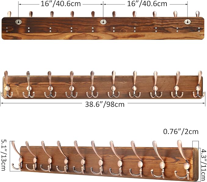 SKOLOO Coat Rack Wall Mounted - 38.3'' Long, Pack of 2, Wooden, Heavy Duty, Rustic Coat Hooks for Wall, Wall Coat Rack with 10 Triple Hooks for Hanging Clothes, Jacket, Hat(Brown & Retro Red)