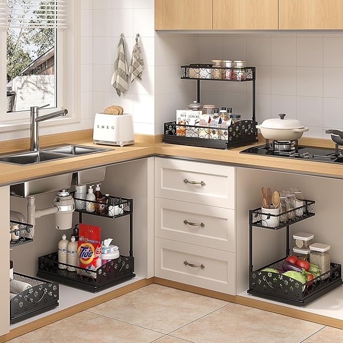 Sevenblue 2-Pack 2-Tier Height Adjustable Under Sink Organizer & Storage | Multi-purpose storage for kitchen & bathroom cabinet. Extra Large metal shelf, height adjustable design for space-saving.