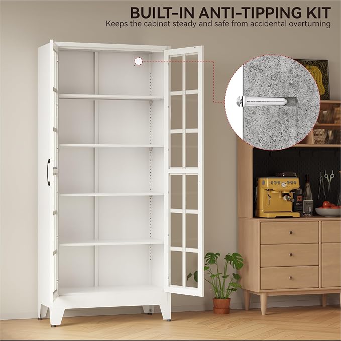 COFaR 71" White Glass Door Display Cabinet for Kitchen and Dining Room | 5-tier pantry and display cabinet with glass doors and 4 adjustable shelves for kitchen, dining room, living room or office.