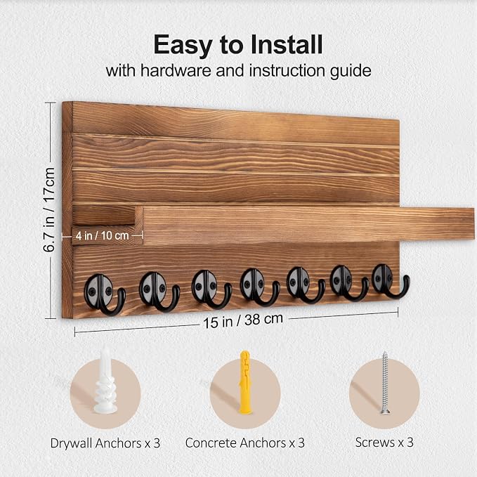 Lwenki Key Holder Wall Mount, Entryway Key and Mail Holder with 7 Sturdy Hooks for Sunglasses, Dog Leash, Decorative Wall Shelf with Mounting Hardware, 15”W x 6.7”H x 4.2”D