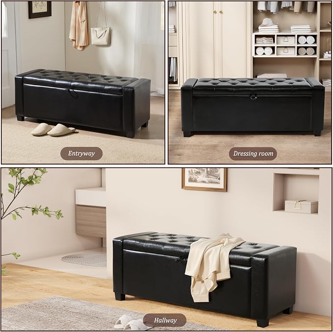 Royal Windsor Ottoman with Storage,Tufted Storage Bench with Safety Hinge,Holds up to 350 lb,Upholstered Bench with Seating for Bedroom, Living Room,Entryway,Leather Black