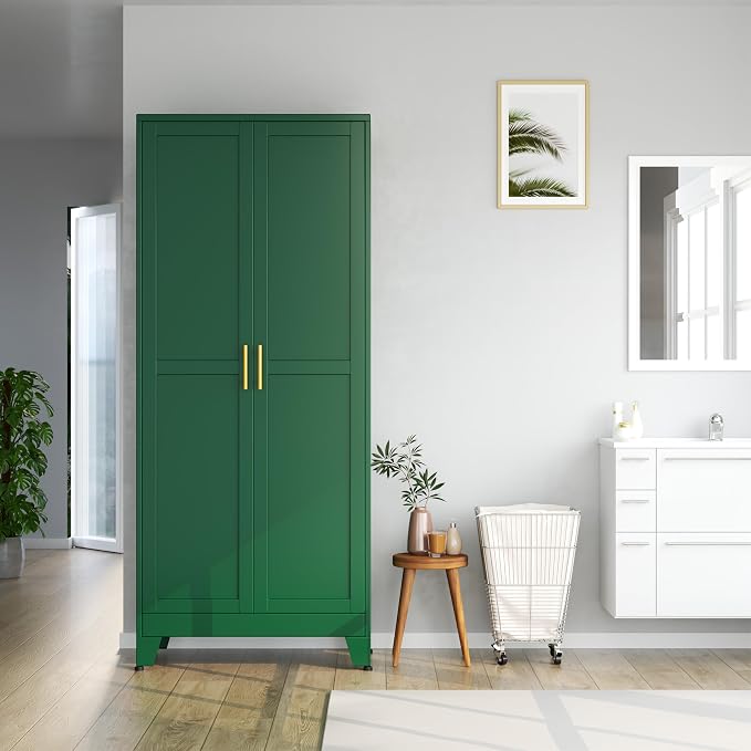 PAOFIN Kitchen Pantry Storage Cabinet with Doors and Adjustable Shelves, Metal ClosetMaid Food Pantry Cabinets, 75" Tall Freestanding Cupboard for Kitchen, Laundry or Utility Room, Green